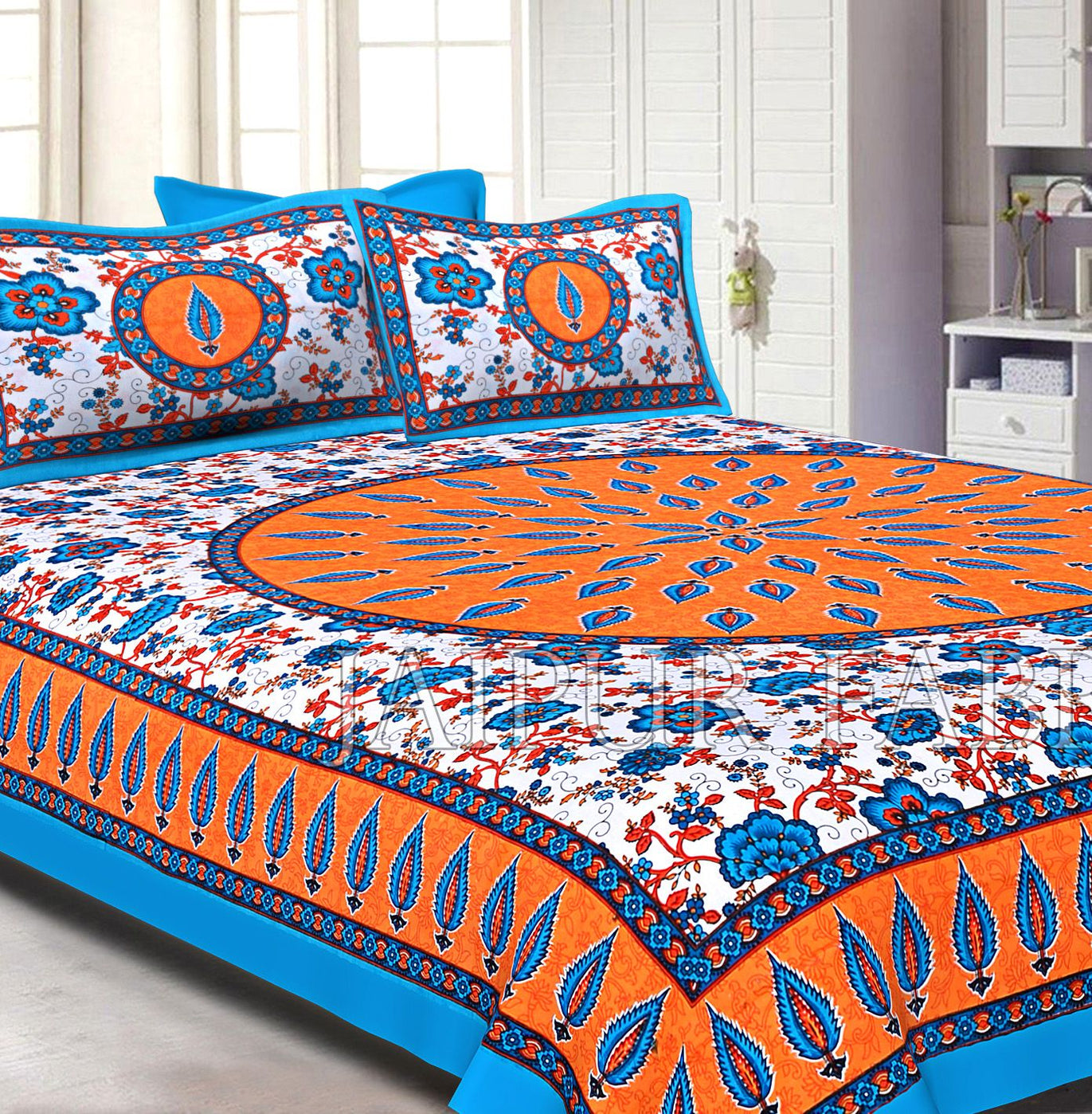 Orange and Cyan Border with White Base Floral Print Cotton Double Bed Sheet