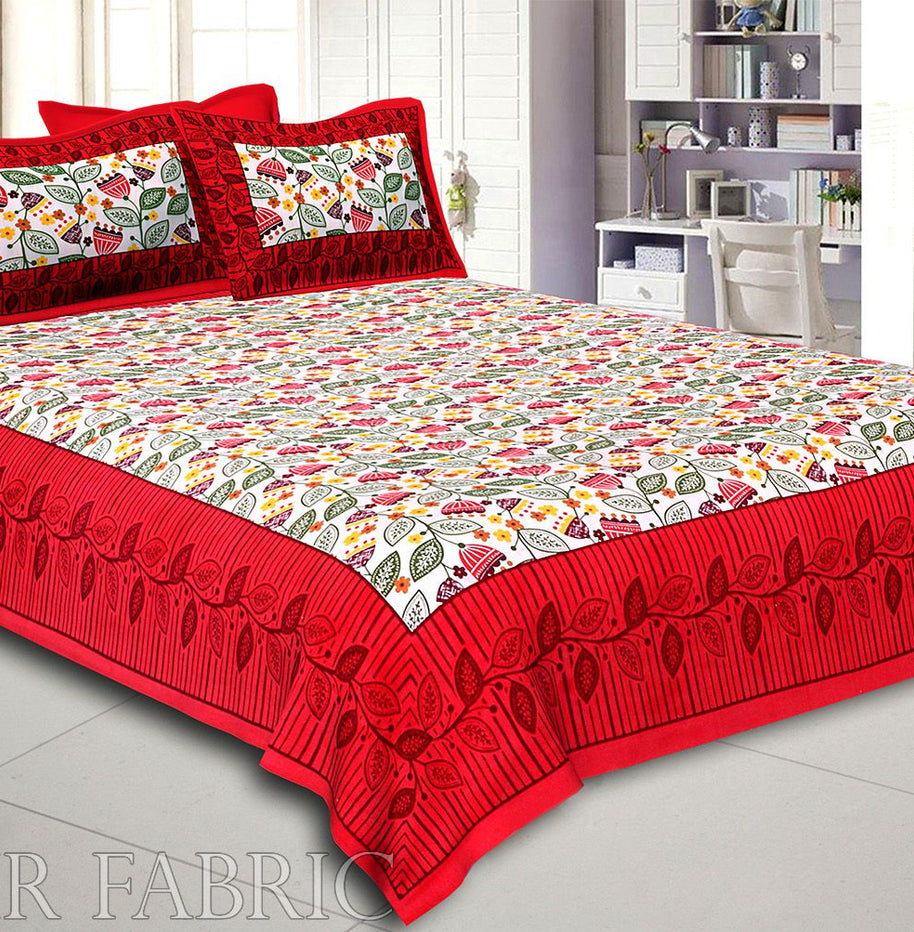 Red Border Flower and Leaf Printed Cotton Double Bed Sheet