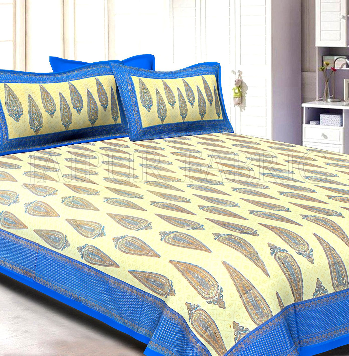 Blue Border Cream Base Long Leaf Pattern With Golden Print Super Fine Cotton Double Bedsheet