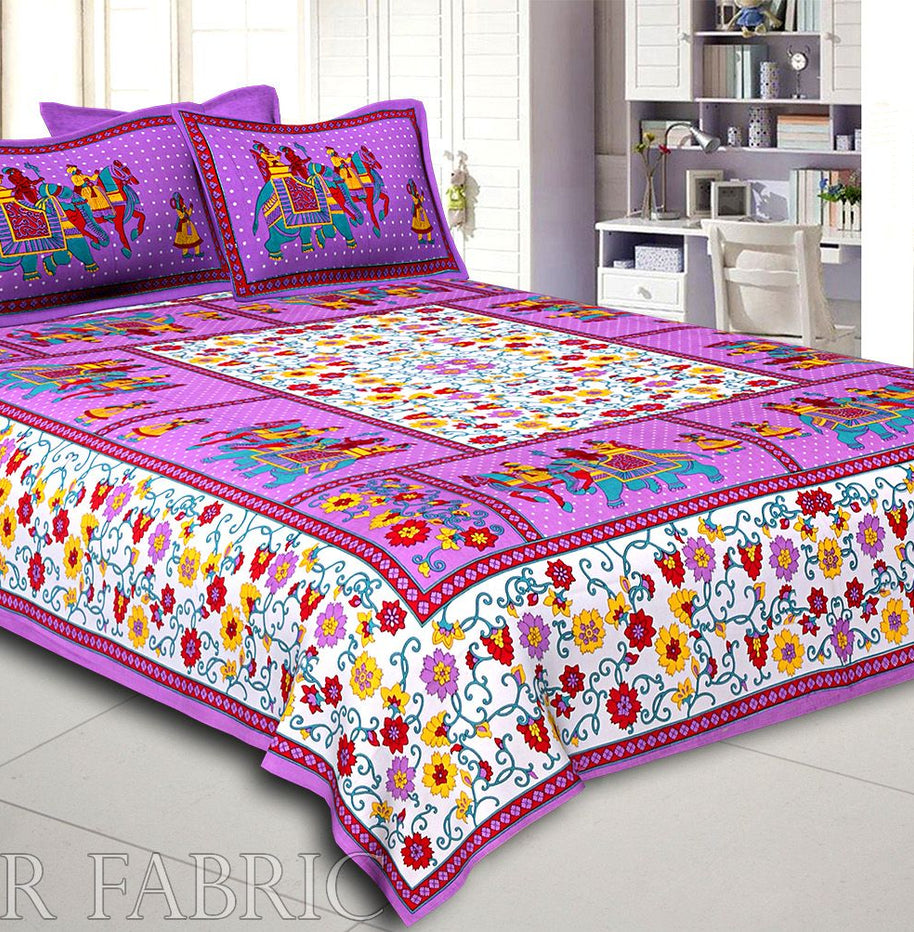 Purple Big Elephant Printed Cotton Double Bed Sheet