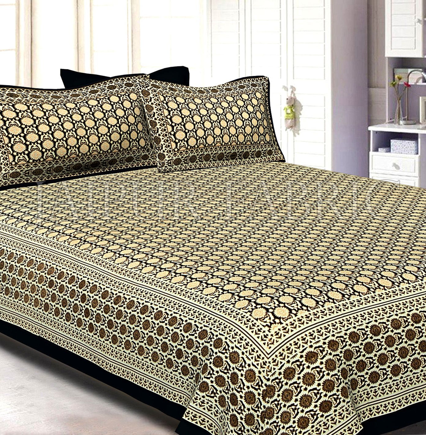 Black Border Cream Base Small Floral Pattern With Golden Print Super Fine Cotton Double Bedsheet