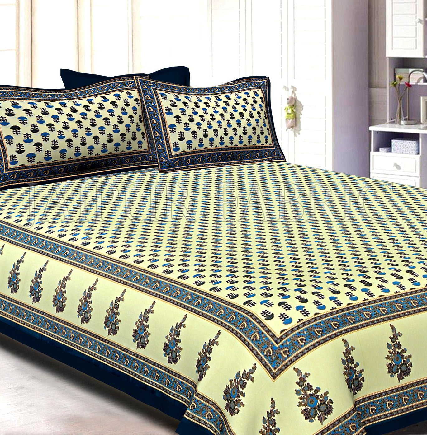 Dark Green Border Cream Base Small Tree Pattern With Golden Print Super Fine Cotton Double Bedsheet