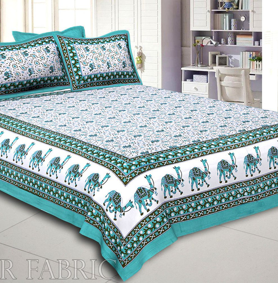 Green Base Jaipuri Camel Printed Cotton Double Bed Sheet