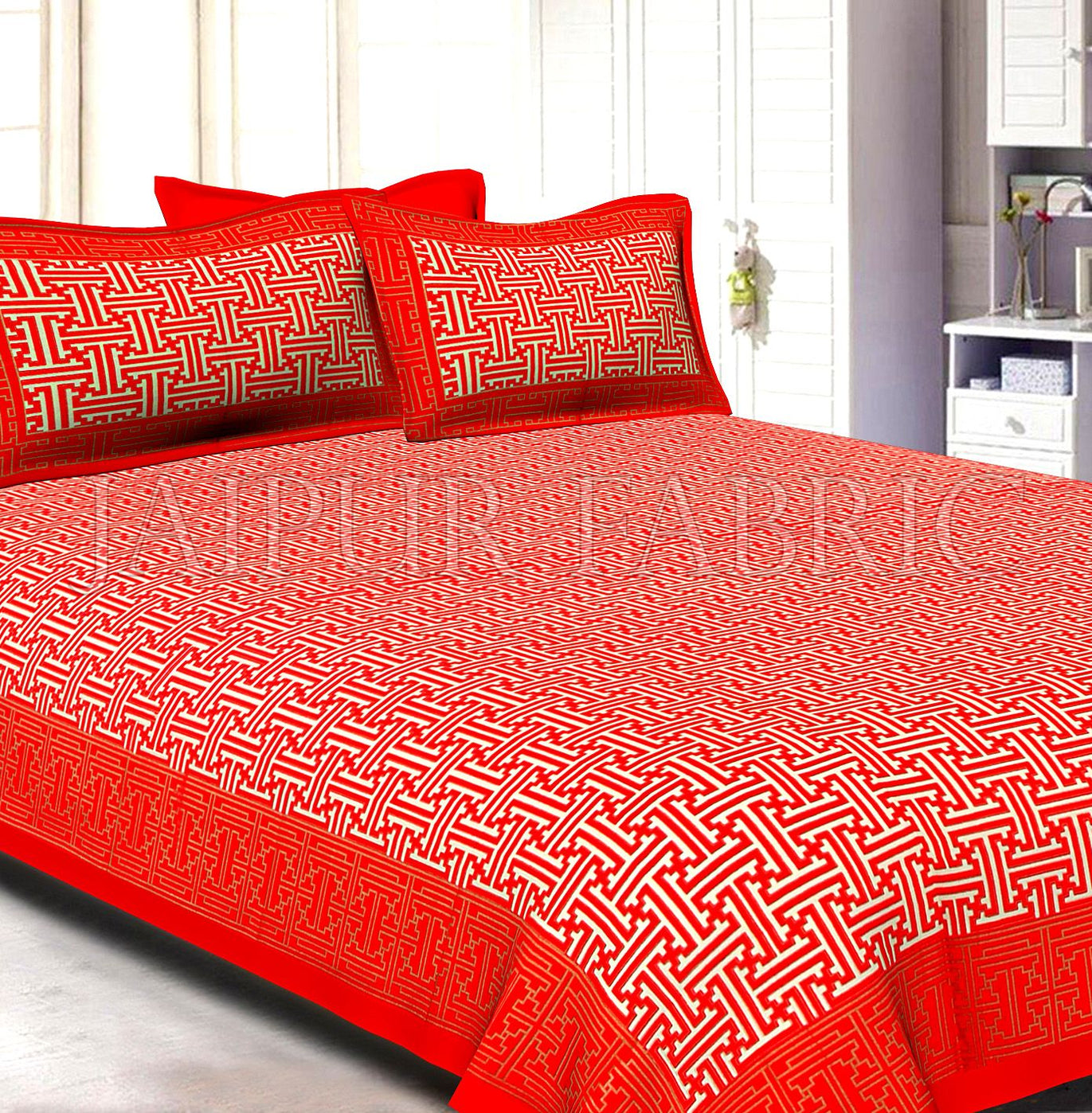 Redish Orange Border Cream Base Zig Zag Pattern With Golden Lining  Super Fine Cotton Double Bedsheet