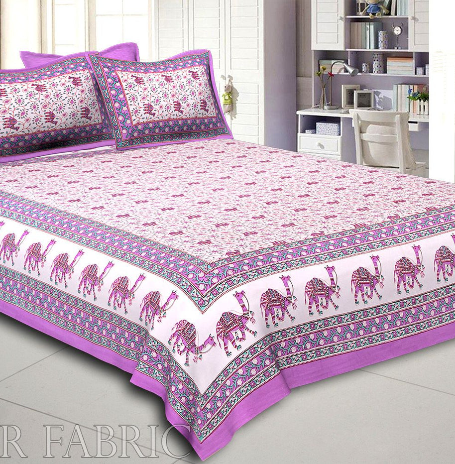 Purple Base Jaipuri Camel Printed Cotton Double Bed Sheet