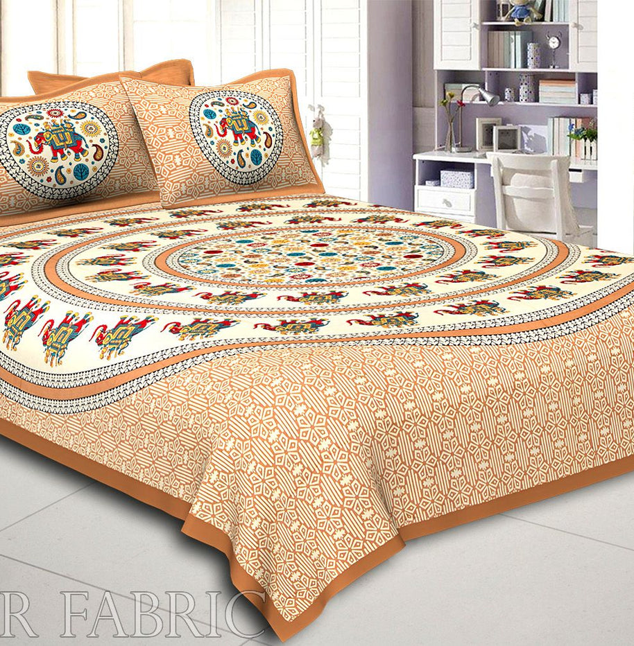 Brown Border Elephant and Rangoli Print Cotton Double Bed Sheet