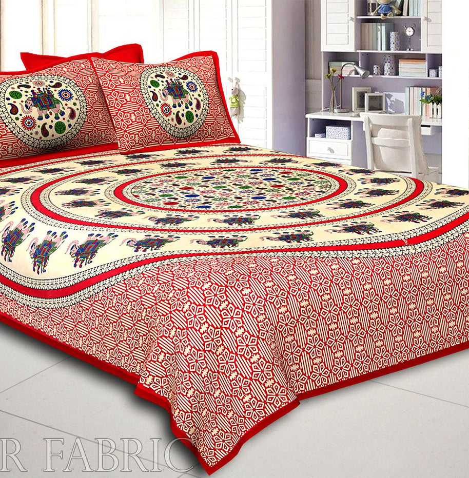 Red Border Elephant and Rangoli Print Cotton Double Bed Sheet