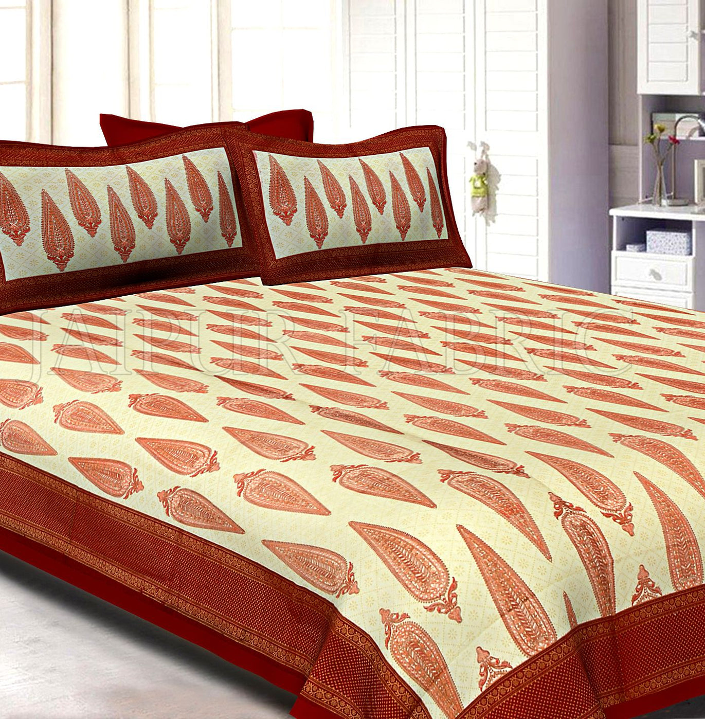 Maroon Border Cream Base Long Leaf Pattern With Golden Print Super Fine Cotton Double Bedsheet