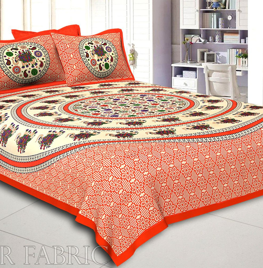 Orange Border Elephant and Rangoli Print Cotton Double Bed Sheet