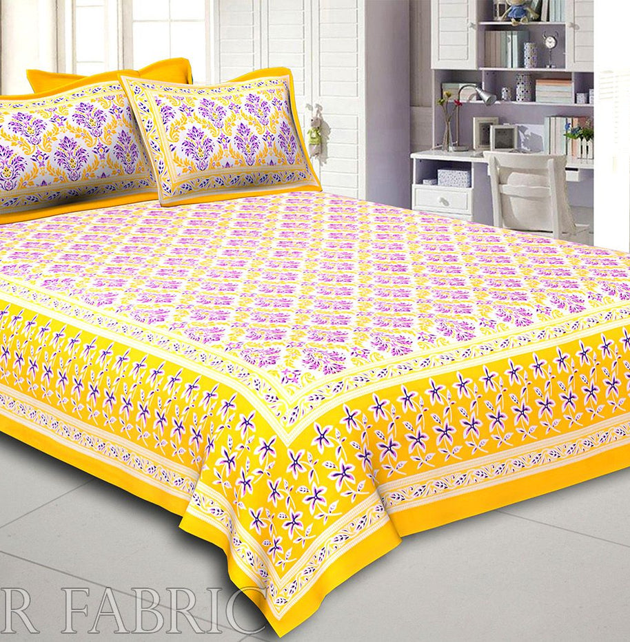 Yellow Border Multi Color Floral Printed Cotton Double Bed Sheet