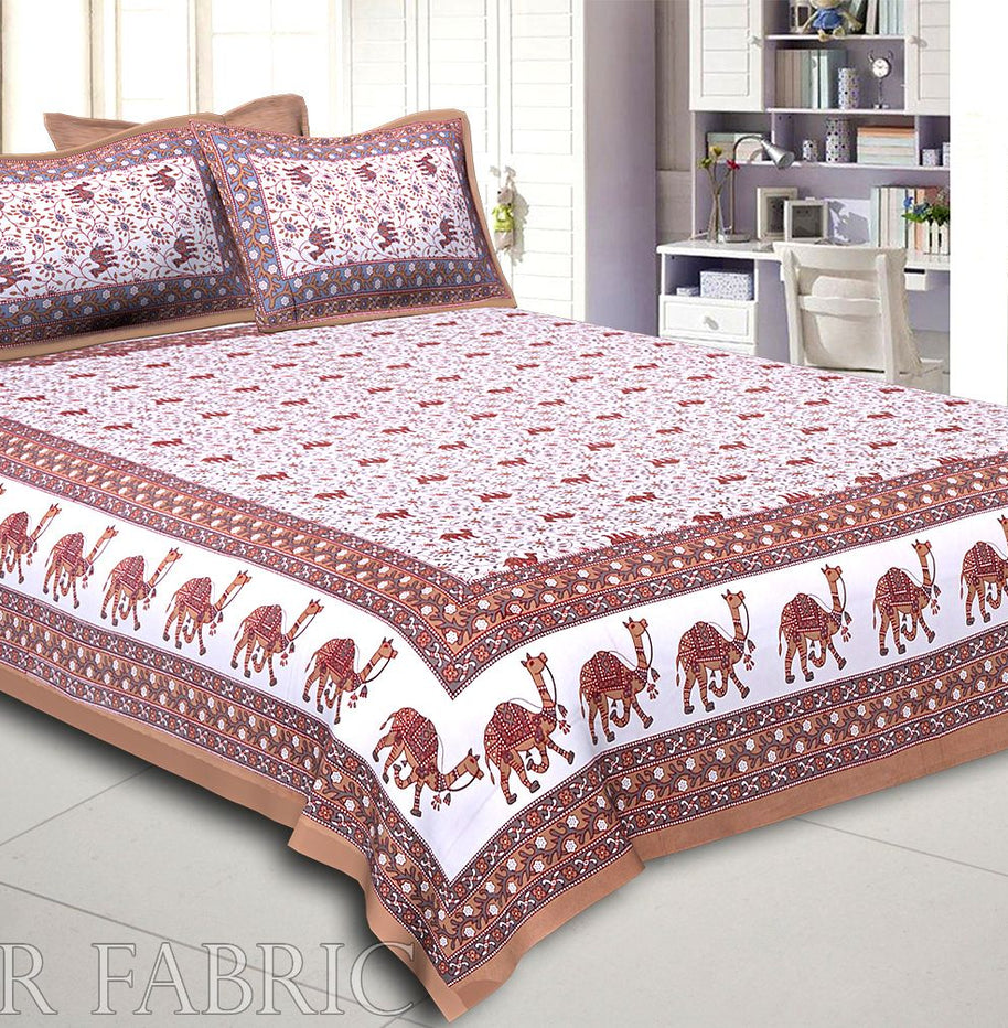 Khaki Base Jaipuri Camel Printed Cotton Double Bed Sheet