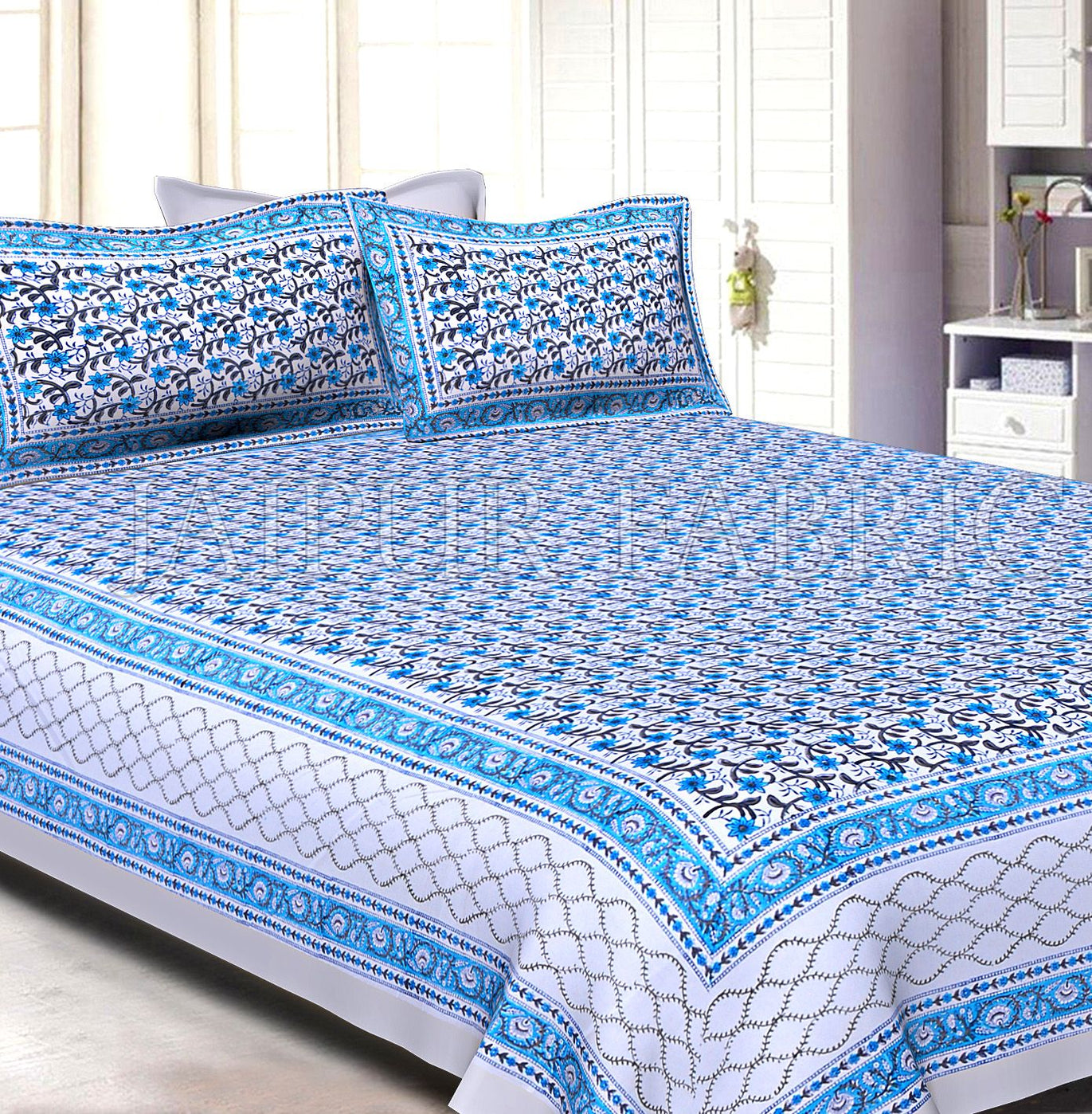 White Base White Blue Border Small Blue Flower With Black Leaf Pattern Hand Block Print Super Fine Cotton Double Bed Sheet