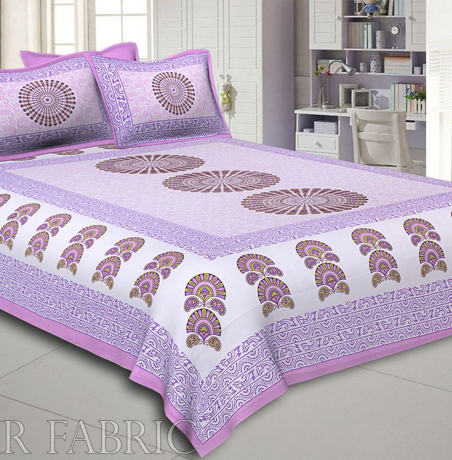 Purple Sanganeri Printed Cotton Double Bed Sheet