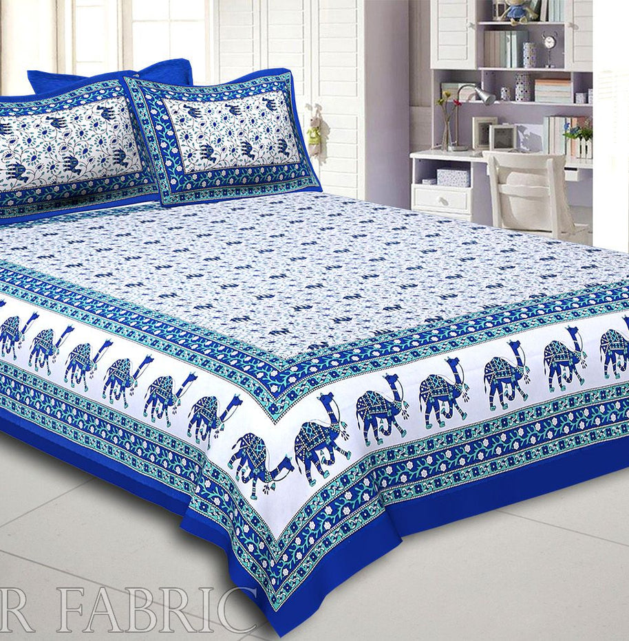 Blue Base Jaipuri Camel Printed Cotton Double Bed Sheet