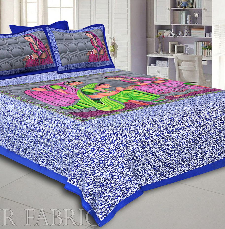 Blue Border With Blue Base '' Lady With Mehandi Creation '' Cotton Double BedSheet With 2 Cover