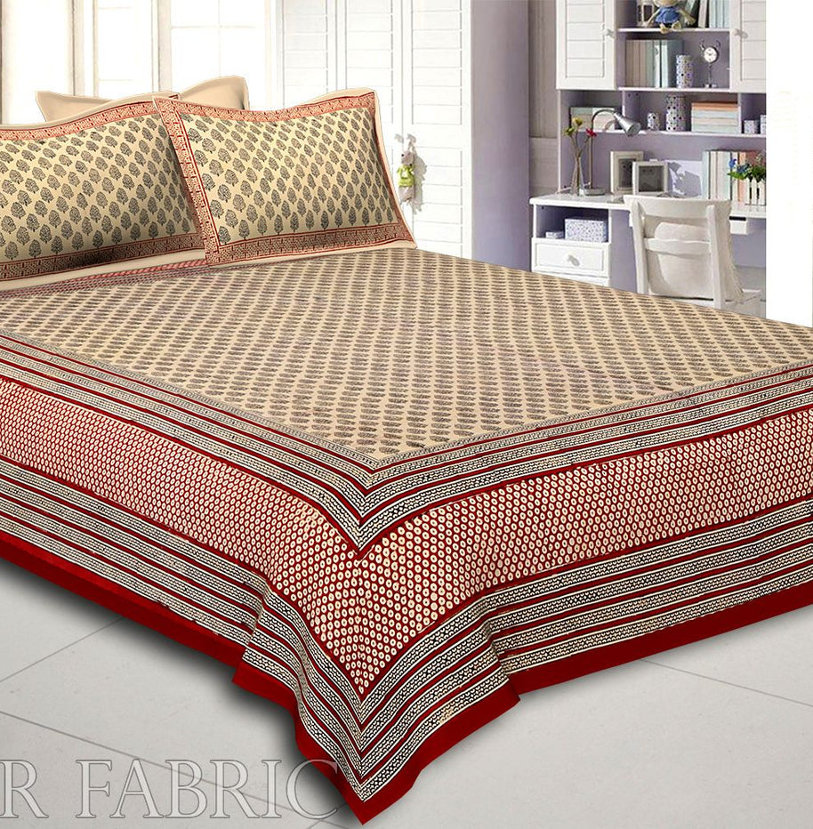 Red Border Hand Block Keri Bagru Print Cotton Double Bed Sheet