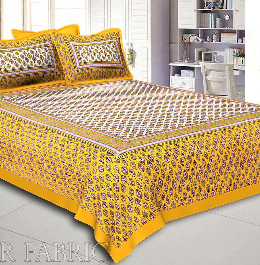 Yellow Base leaf and circles Printed Cotton Double Bed Sheet