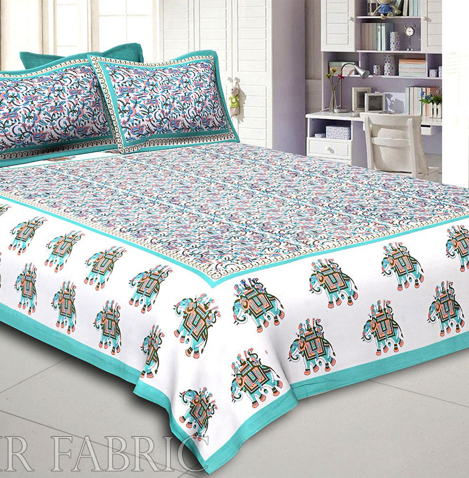 Green Elephant Safari Printed Cotton Double Bed Sheet