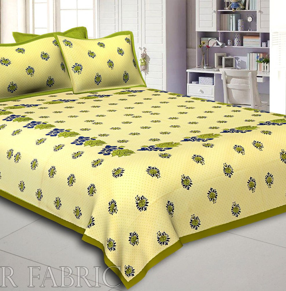 Dotted Yellow Base Green Lotus Flower Print Cotton Double Bed Sheet