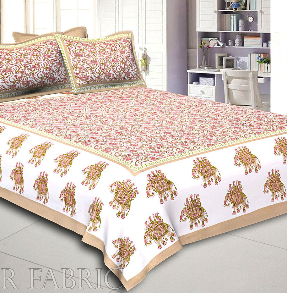 Khaki Elephant Safari Printed Cotton Double Bed Sheet