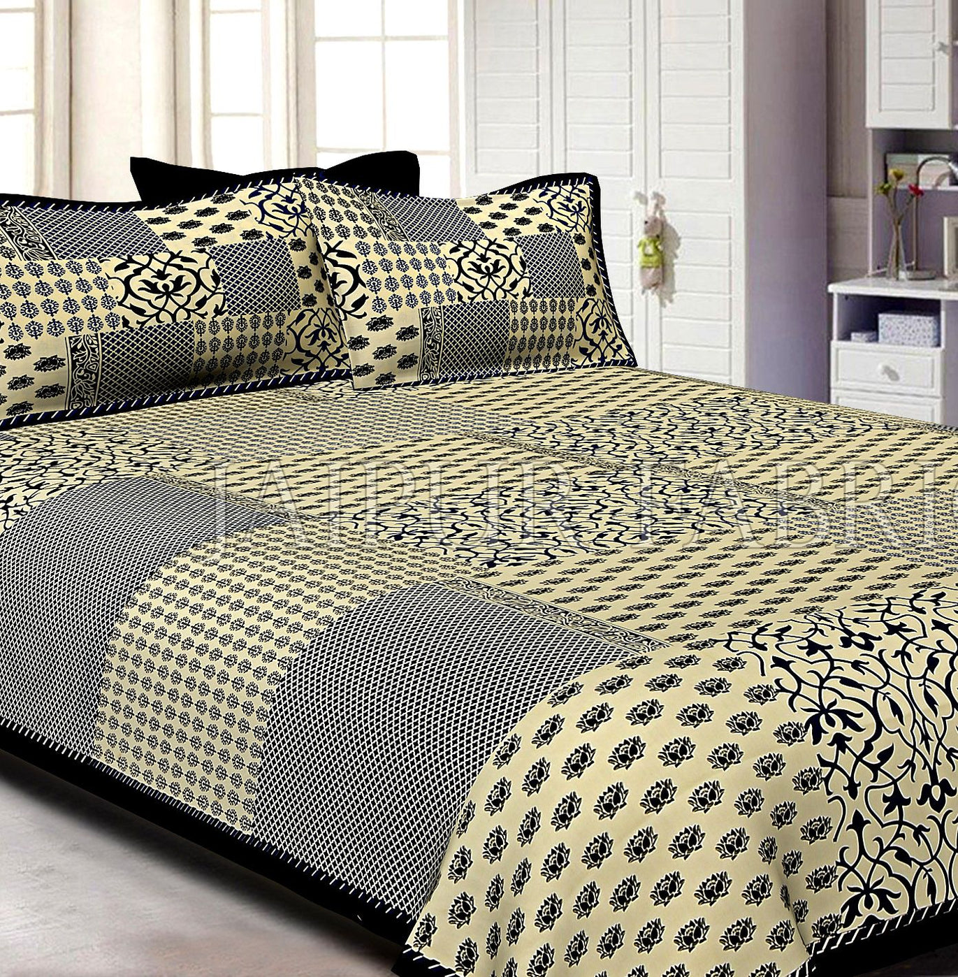 Black Border With Small Lotus Rangoli And Check Print Designer Patrn Fine Coton Poplin Double Bedsheet With Two Pillow Cover