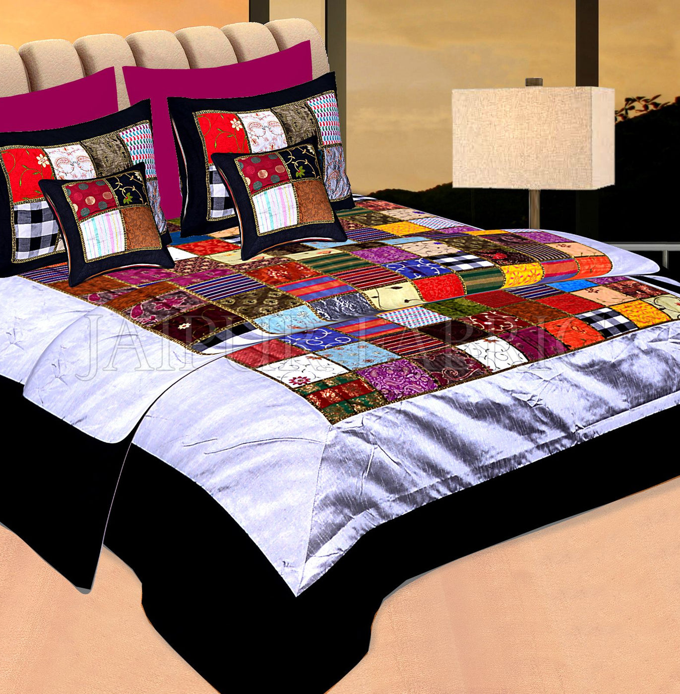 Black Base Handmade Gota Patchwork Double Bed Sheet