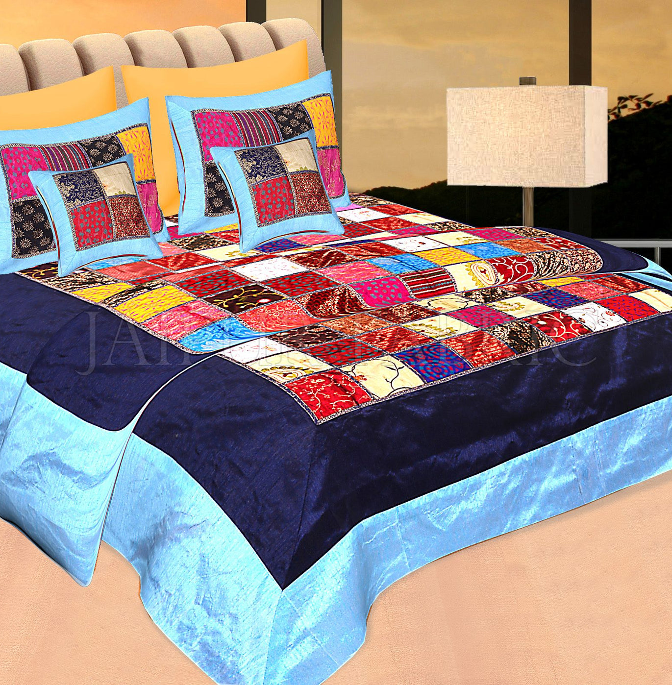 Blue Base Handmade Gota Patchwork Double Bed Sheet