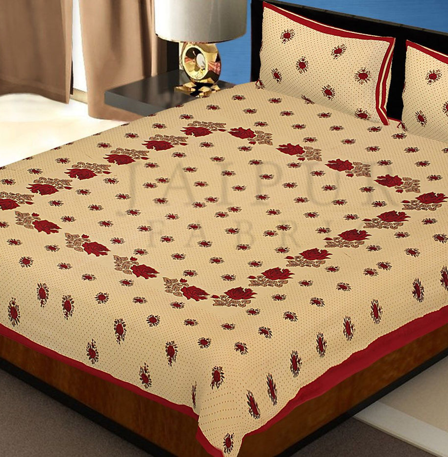 Dotted Yellow Base Red Lotus Flower Print Cotton Double Bed Sheet