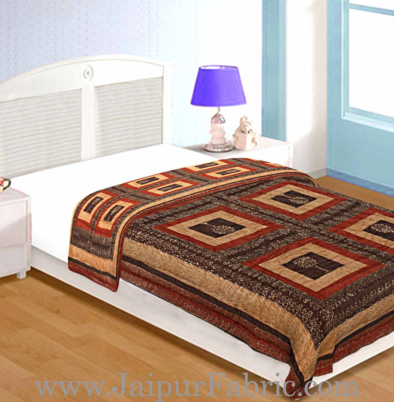 Dark Cofffe  Golden Jaipuri  Tree  print Single Bed Quilt