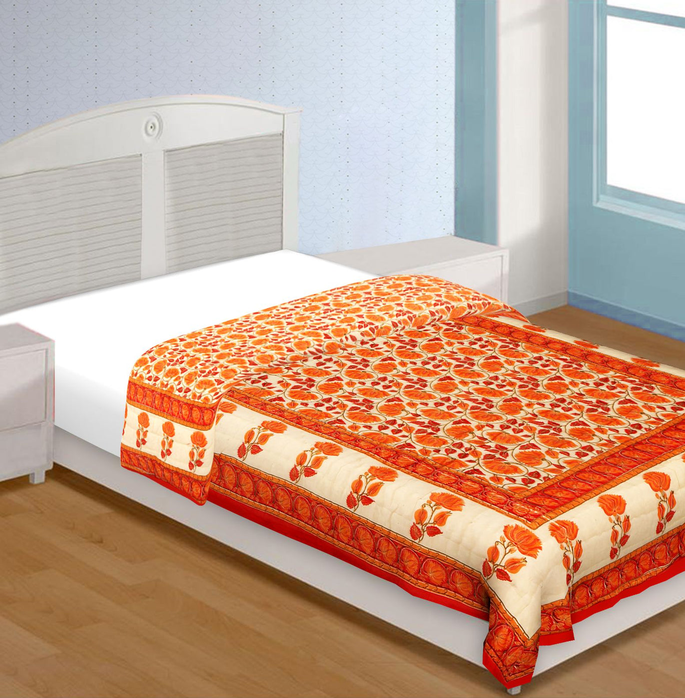 Orange And Cream Border With Golden Print Orange Flower Super Fine Cotton Voile(Mulmul) Both Side Printed Cotton Single Bed Quilt