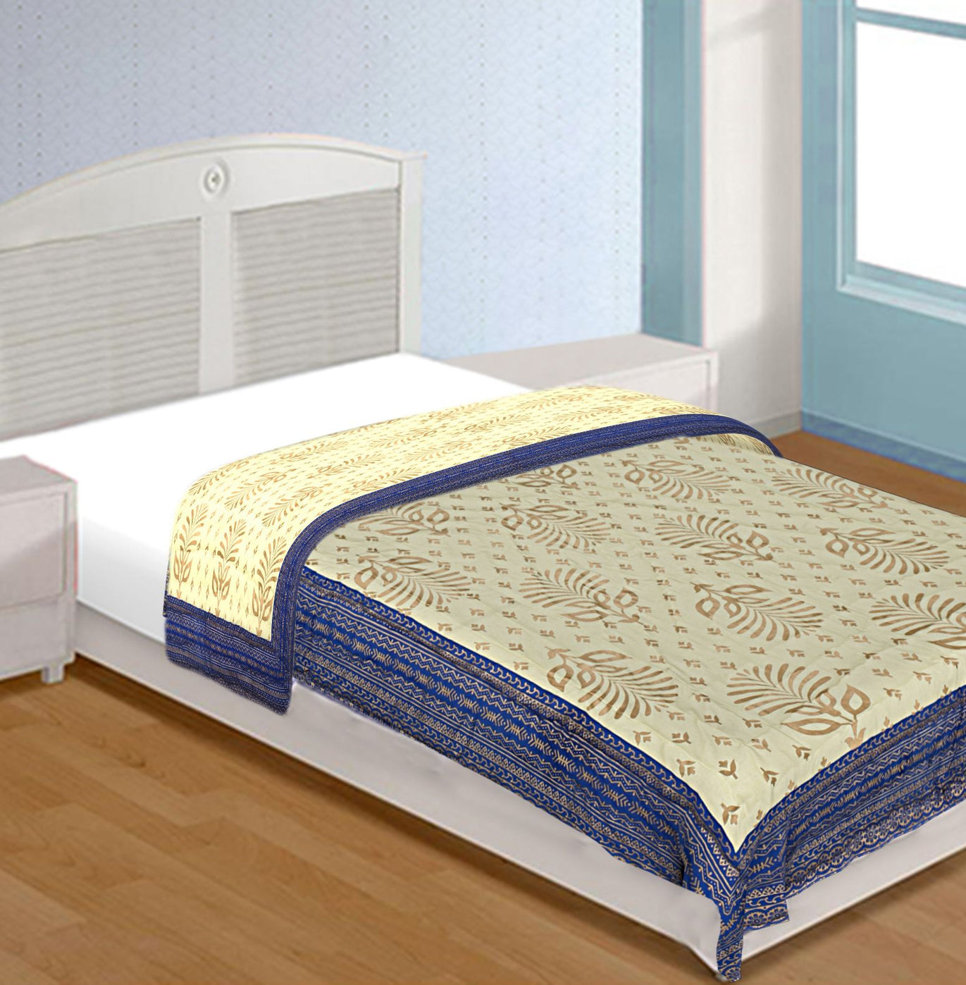 Jaipuri Single Razai with Blue  Leaf pattern Golden Print