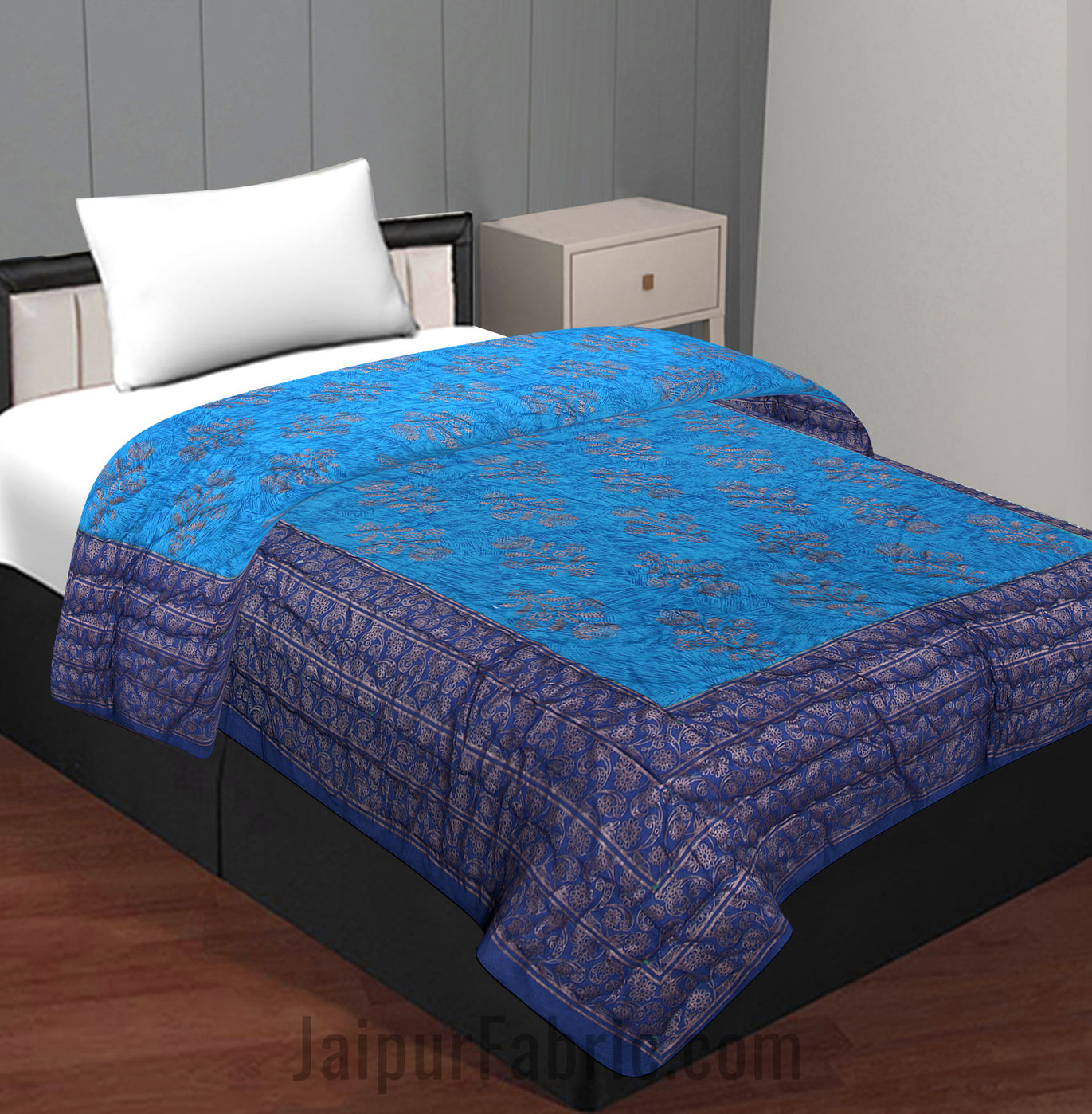 Jaipuri Printed Single Bed Razai Golden Blue and Purple with Paisley pattern