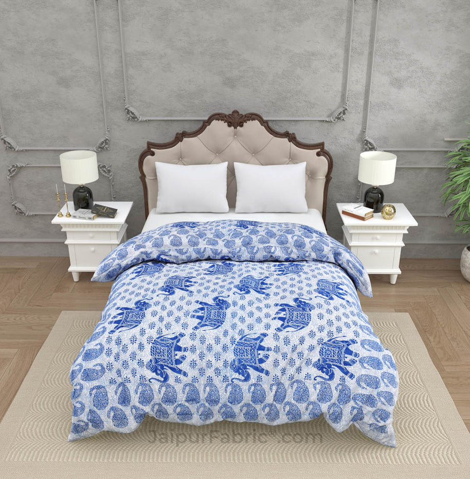 Jaipuri Quilt Blue Elephant Print 200Gsm Fine Cotton Double Bed Rajai