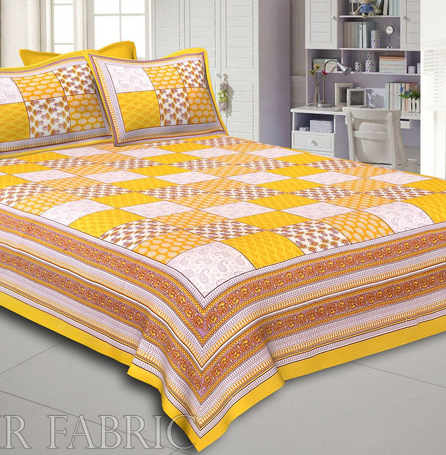 Yellow Border Square Pattern Screen Print Cotton Double Bed Sheet