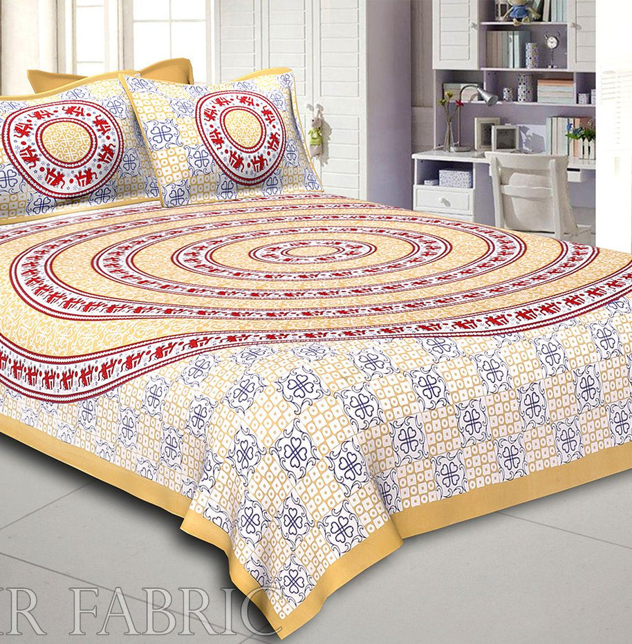 Orange Border White Base Circle Elephant Pattern Screen Print Cotton Double Bed Sheet