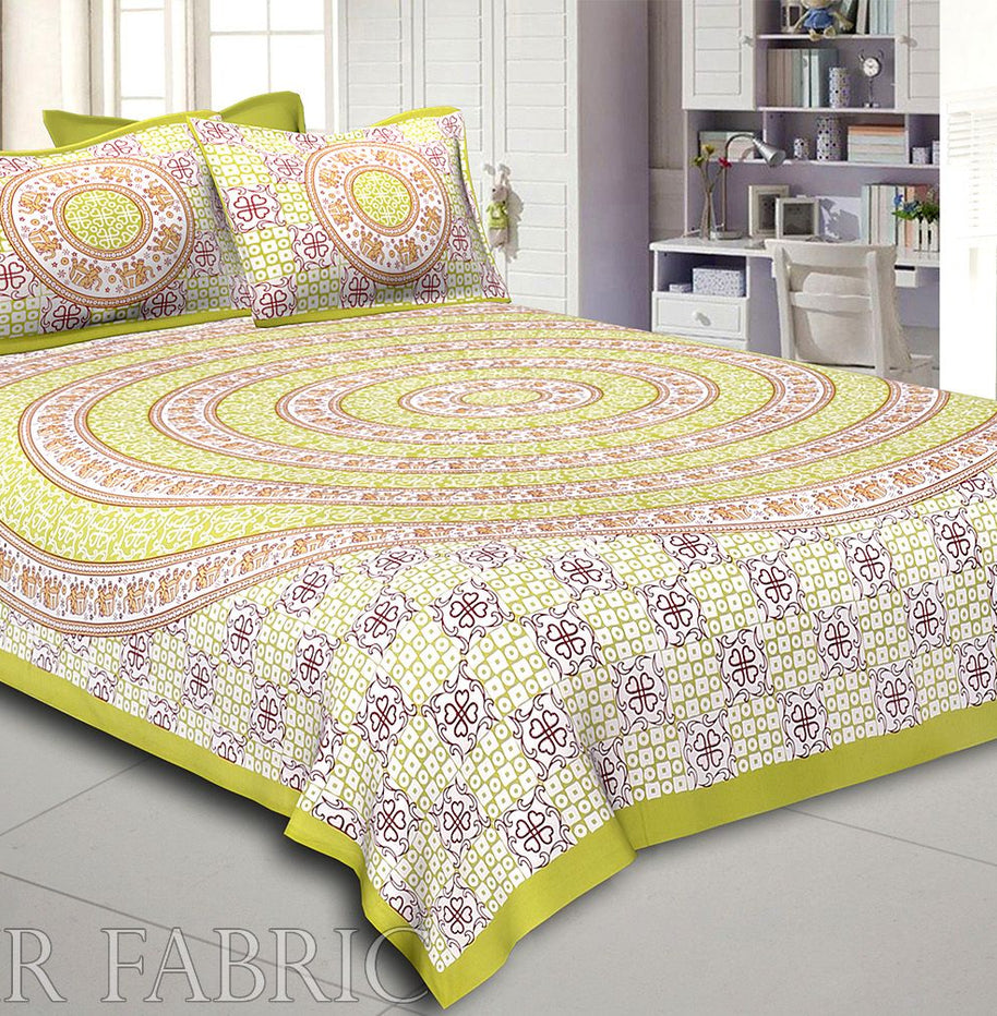 Dark Khaki Border Circle Elephant Pattern Screen Print Cotton Double Bed Sheet