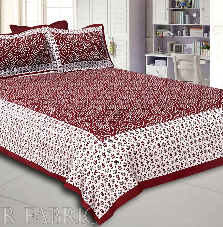 Sienna Border White Base Bandhej Pattern Screen Print Cotton Double Bed Sheet