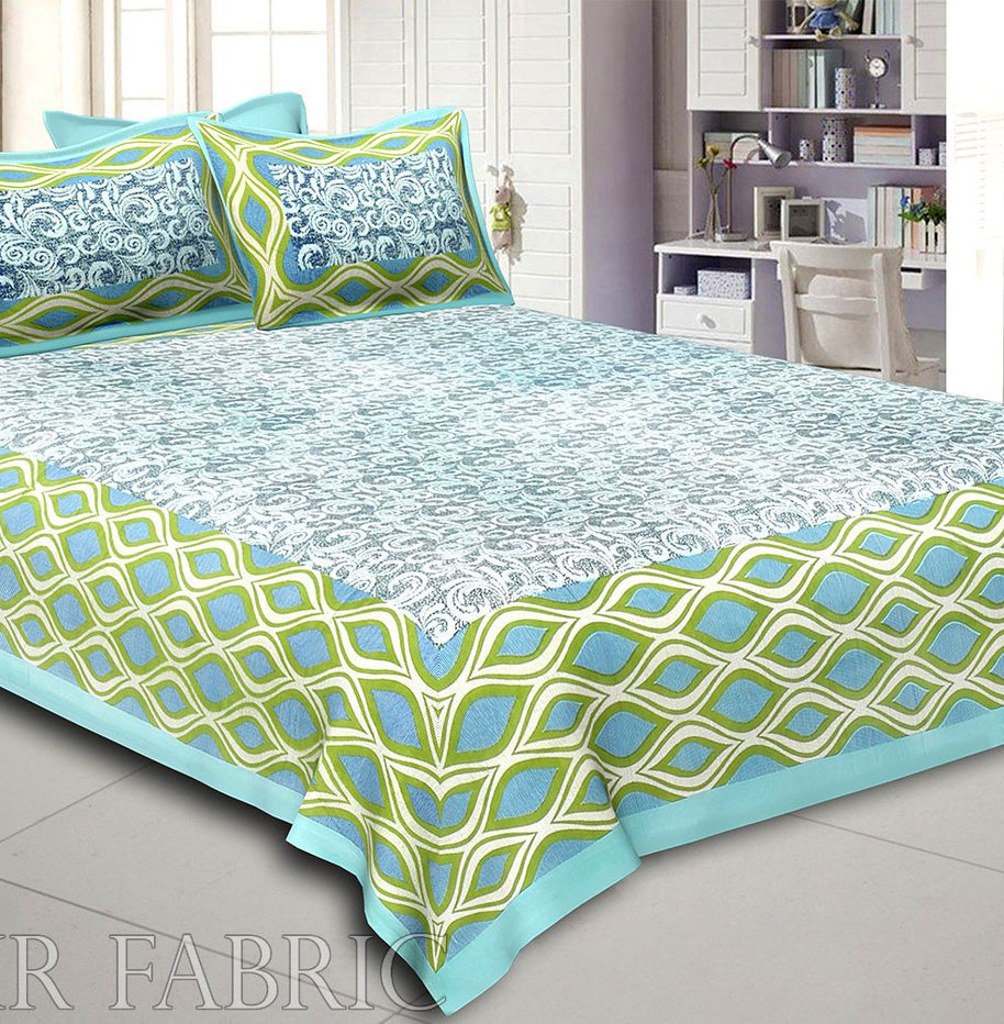 Sky Blue Border Retro Pattern Screen Print Cotton Double Bed Sheet