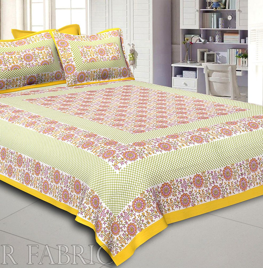 Yellow Color Flower Pattern Screen Print Cotton Double Bed Sheet