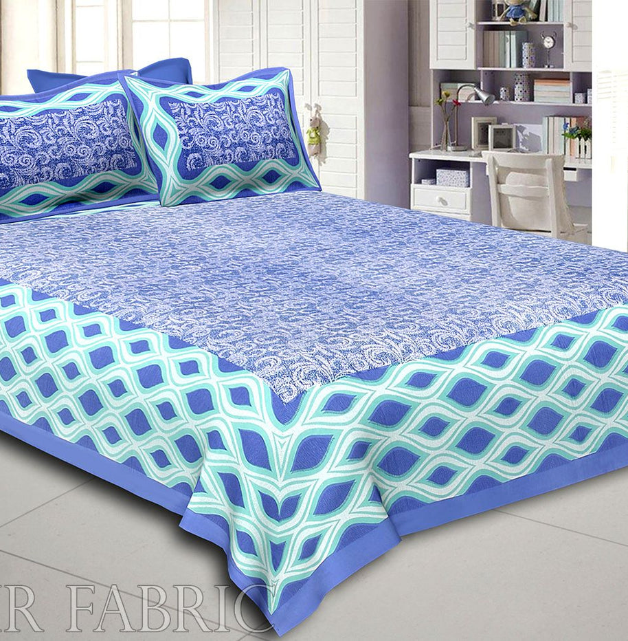 Navy Blue Border Retro Pattern Screen Print Cotton Double Bed Sheet