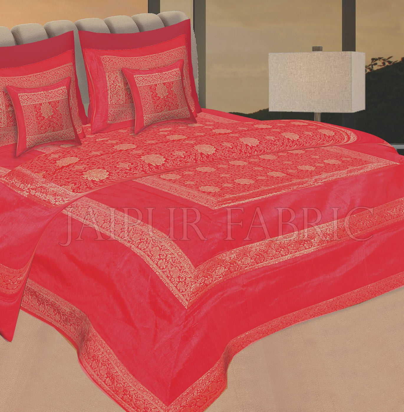 Red Rajasthani Zari Embroidered Lace Work Silk Double Bed Sheet