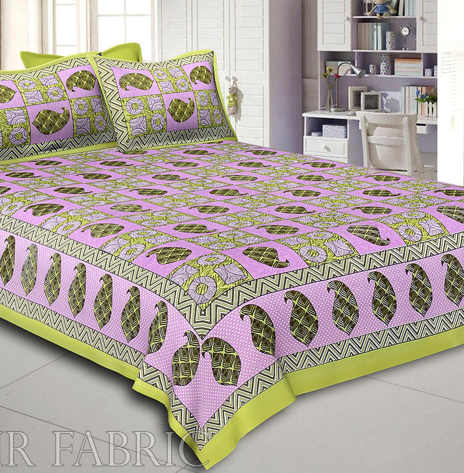 Green Border Circle Pattern Screen Print Cotton Double Bed Sheet