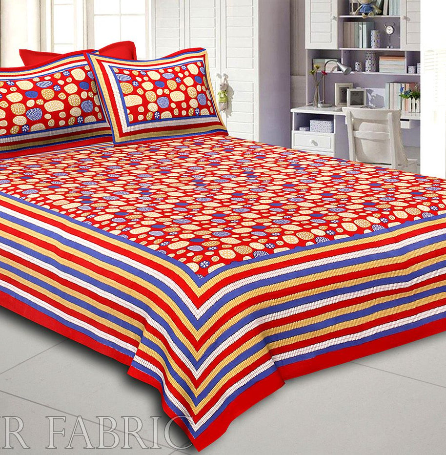 Red Border Multi Color Stone Pattern Screen Print Cotton Double Bed Sheet