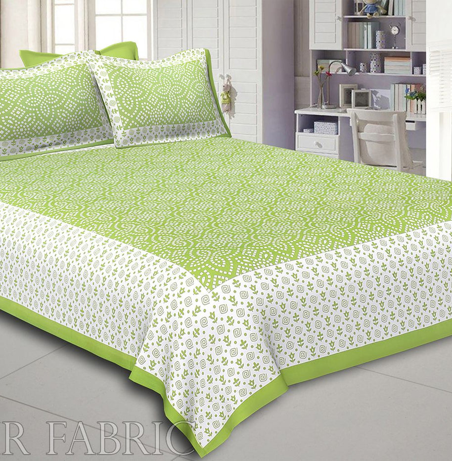 Green Border White Base Bandhej Pattern Screen Print Cotton Double Bed Sheet