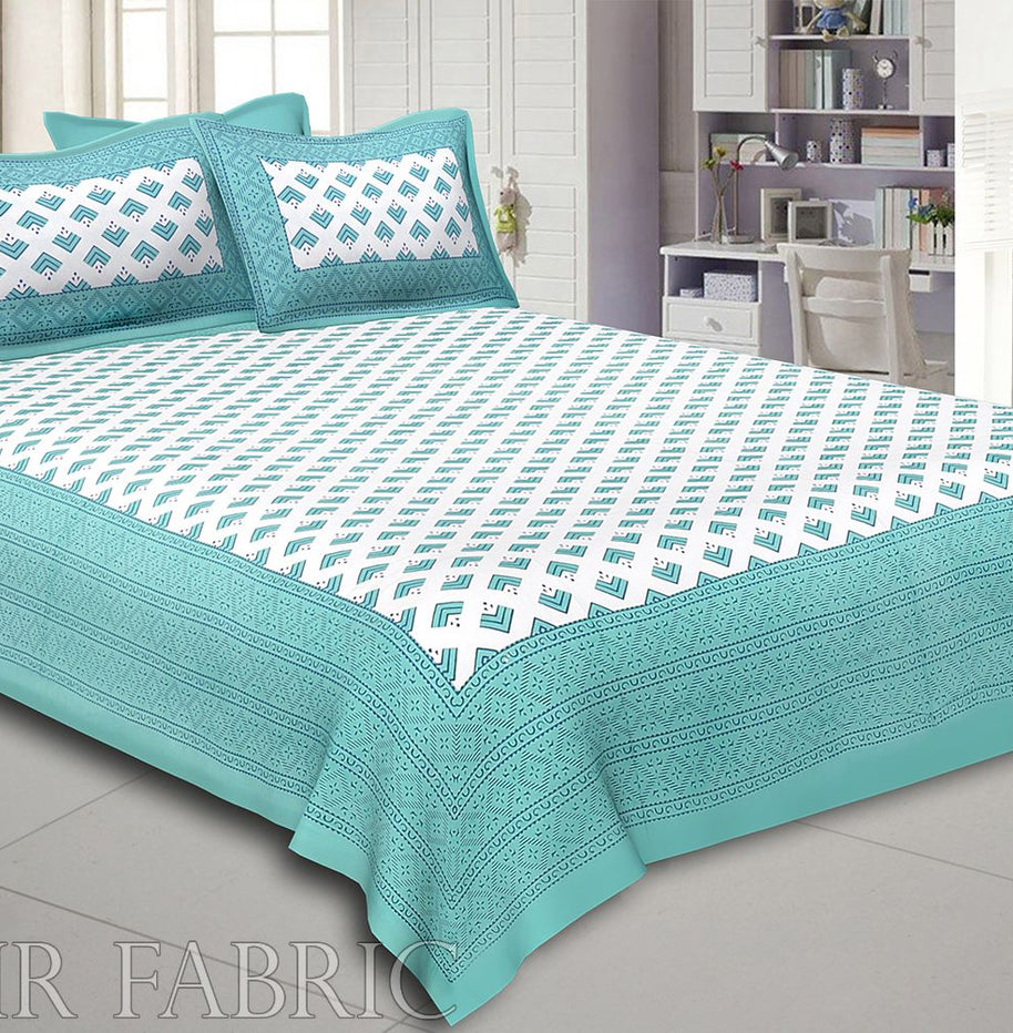 Turquoise Border Arrow Pattern Screen Print Cotton Double Bed Sheet