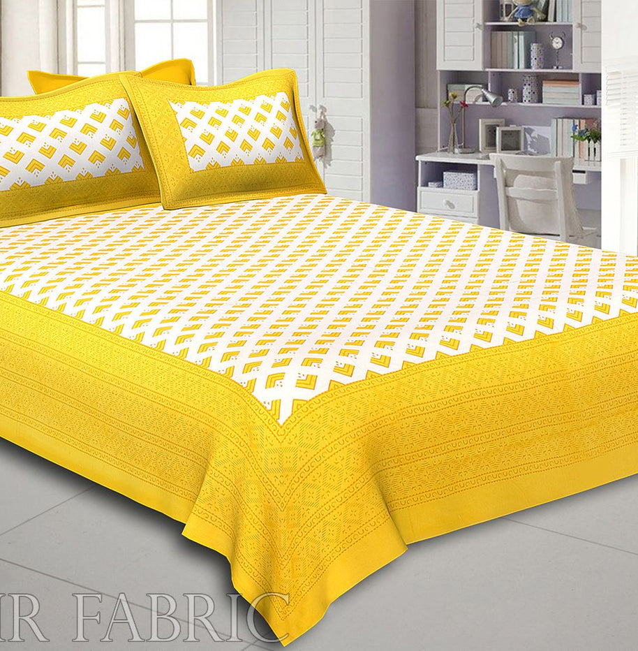 Yellow Border Arrow Pattern Screen Print Cotton Double Bed Sheet