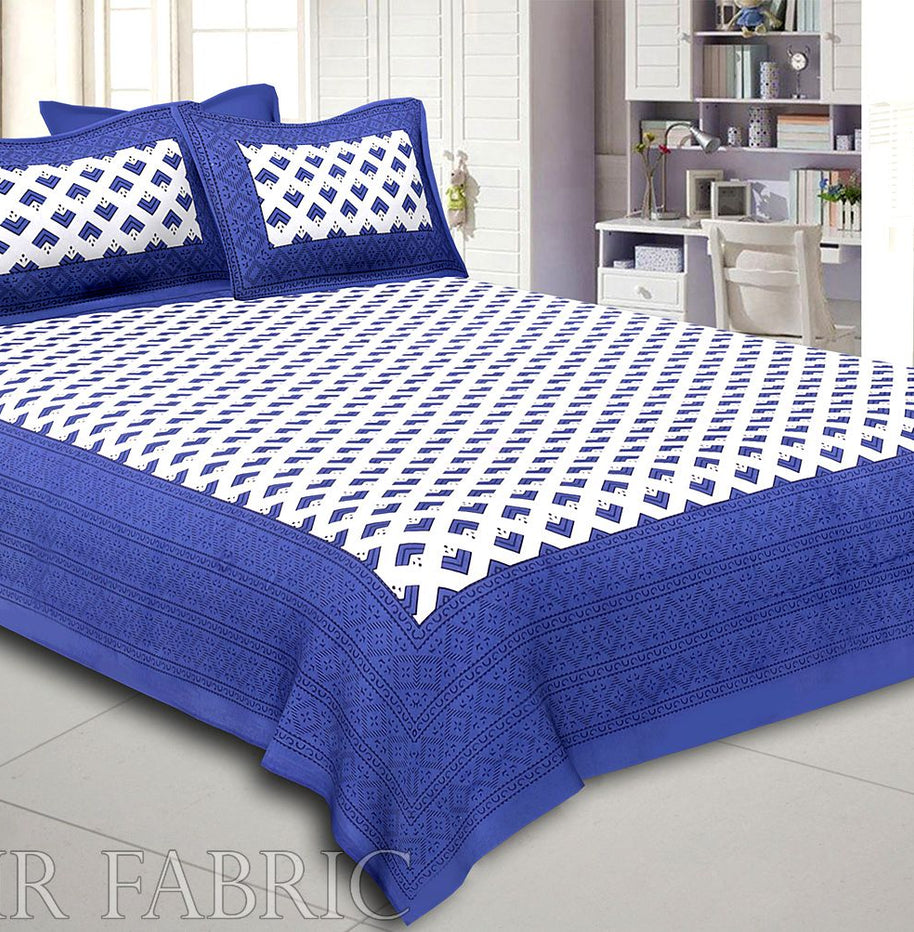 Navy Blue Border Arrow Pattern Screen Print Cotton Double Bed Sheet