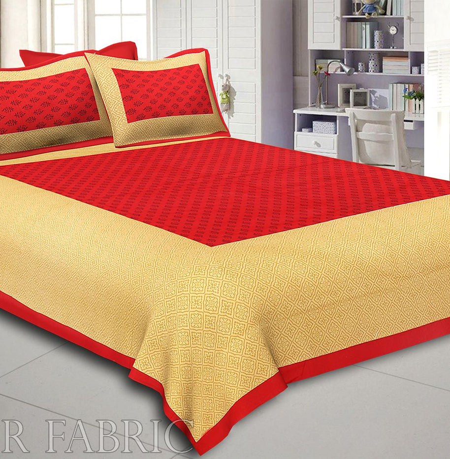 Red Border Brown Base Leaf Pattern Screen Print Cotton Double Bed Sheet