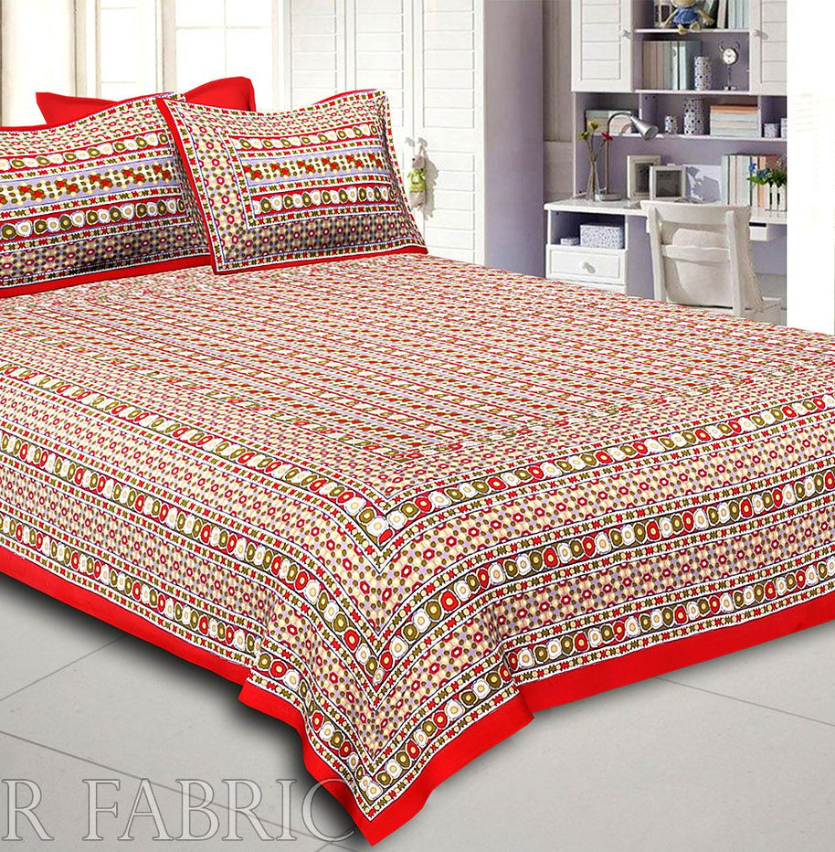 Red Border Multi Color Patchrs Screen Print Cotton Double Bed Sheet