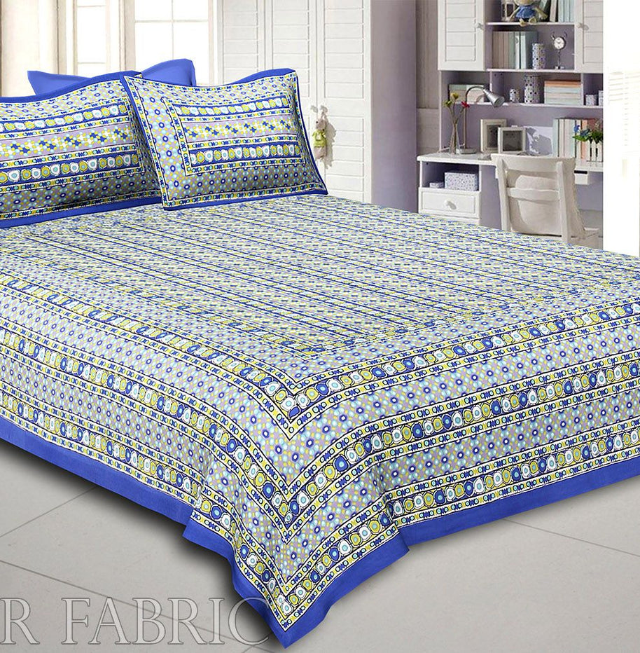 Blue Border Multi Color Patchrs Screen Print Cotton Double Bed Sheet